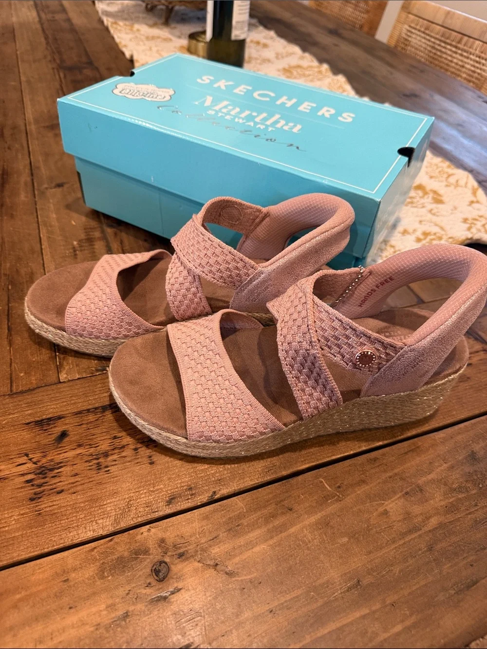 Skechers “Martha” Pink Woven Elastic Espadrille Wedge Sandals